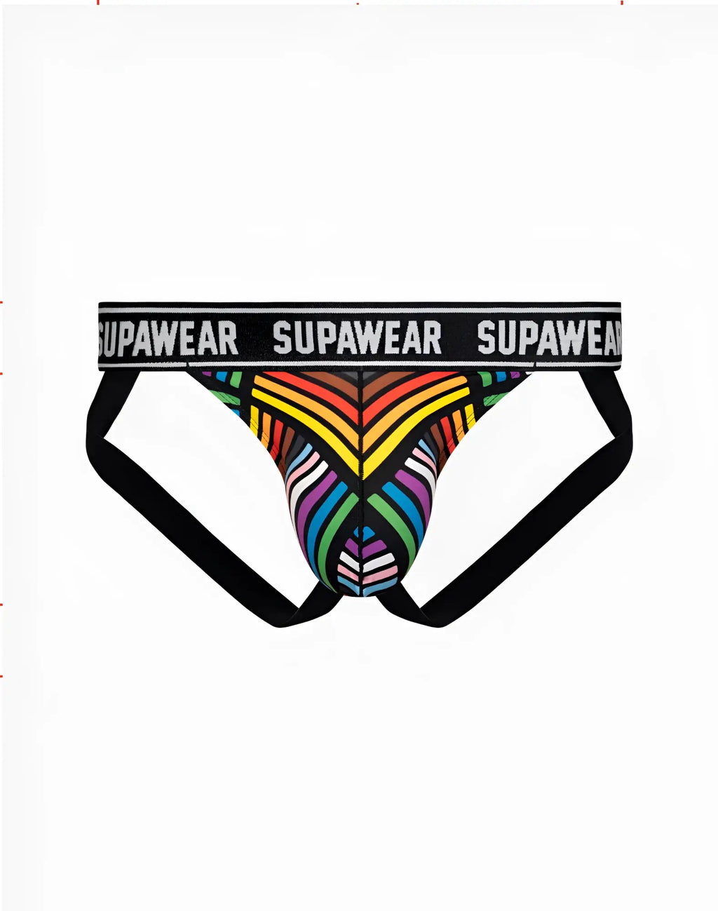 Supawee pow pride rainbow jockstrap underwear with vibrant rainbow geometric pattern and black elastic waistband and leg straps