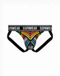 Supawee pow pride rainbow jockstrap underwear with vibrant rainbow geometric pattern and black elastic waistband and leg straps
