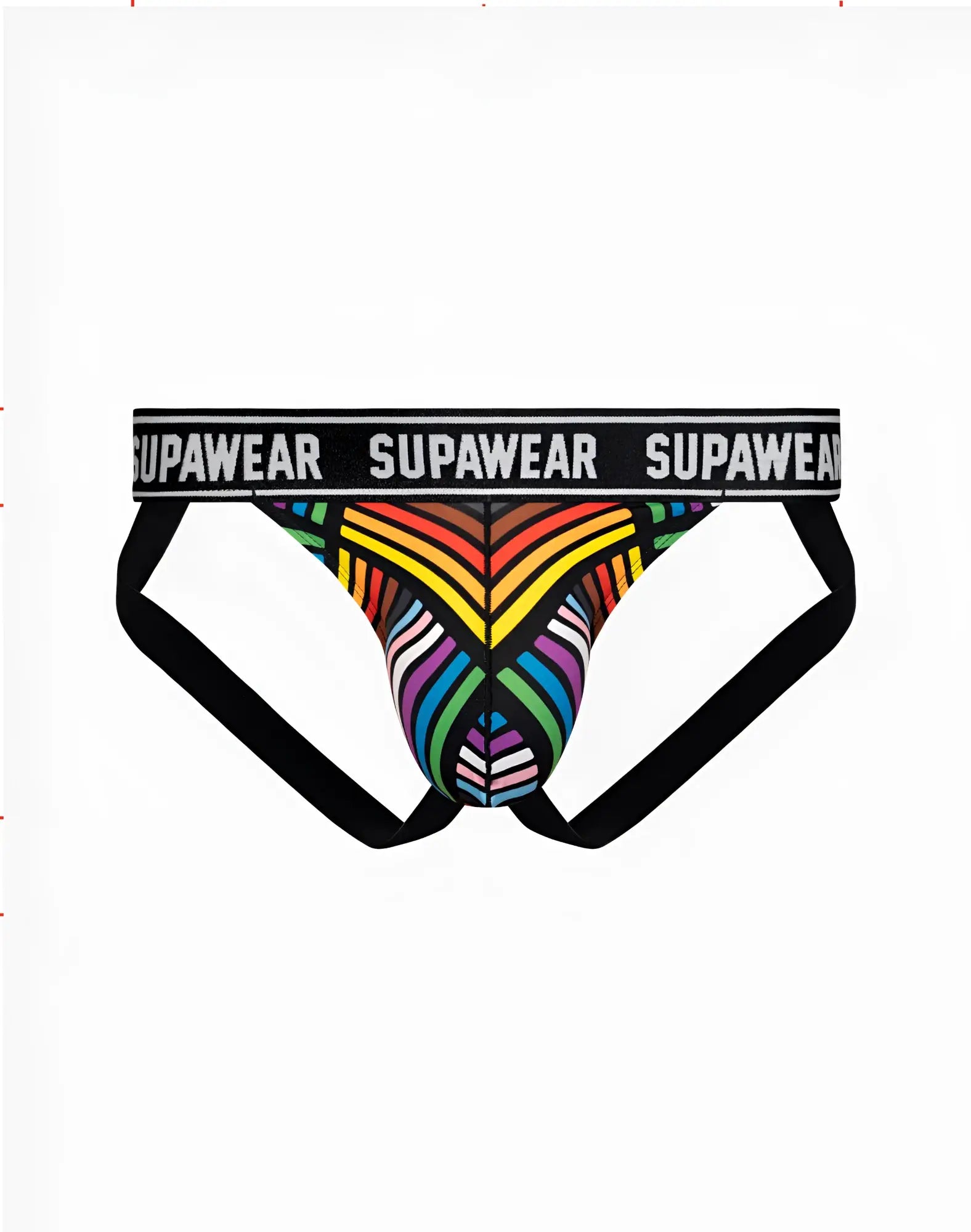 Supawee pow pride rainbow jockstrap underwear with vibrant rainbow geometric pattern and black elastic waistband and leg straps
