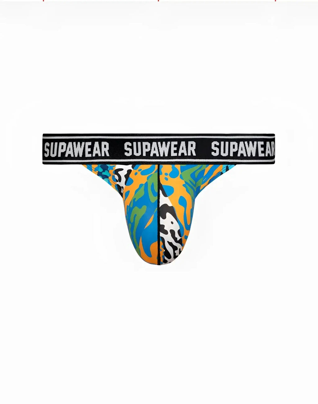 SupaWear Pow thong underwear in vibrant blue orange and green abstract pattern with black waistband and white branding