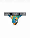 SupaWear Pow thong underwear in vibrant blue orange and green abstract pattern with black waistband and white branding
