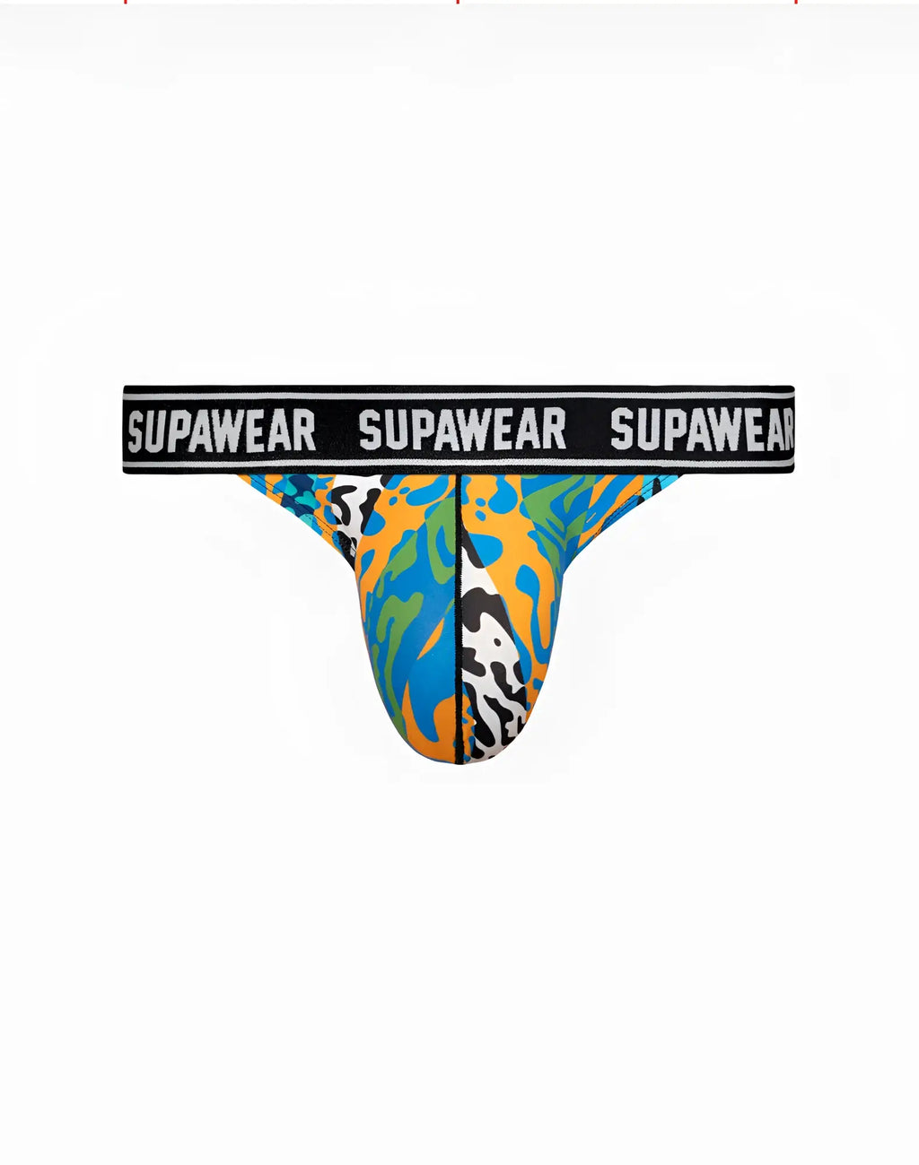 SupaWear Pow thong underwear in vibrant blue orange and green abstract pattern with black waistband and white branding