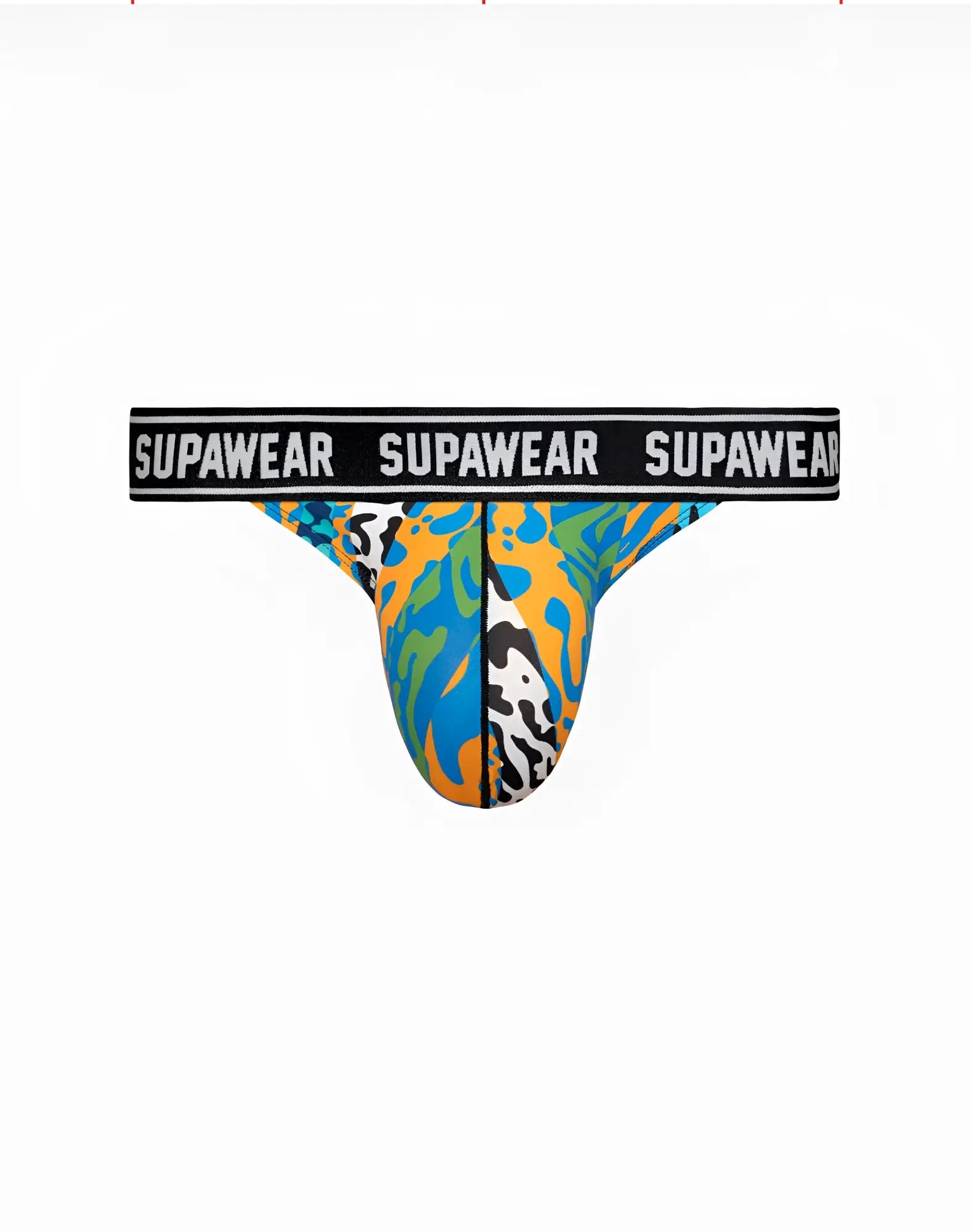 SupaWear Pow thong underwear in vibrant blue orange and green abstract pattern with black waistband and white branding