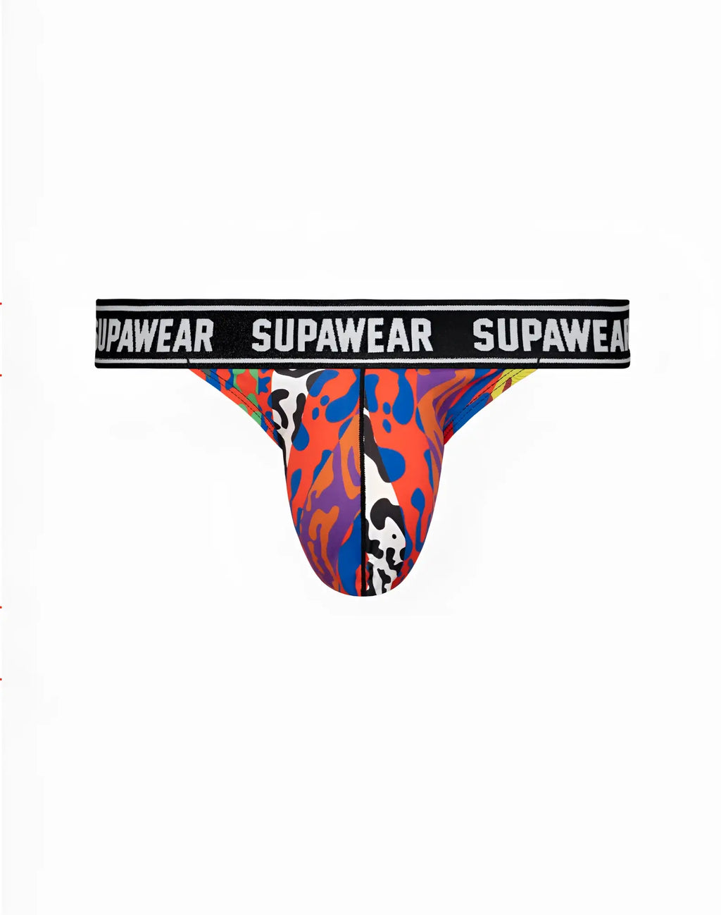 SupaWear POW thong underwear in crimson beast with vibrant orange blue purple abstract pattern and panda motifs on front
