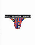 SupaWear POW thong underwear in crimson beast with vibrant orange blue purple abstract pattern and panda motifs on front