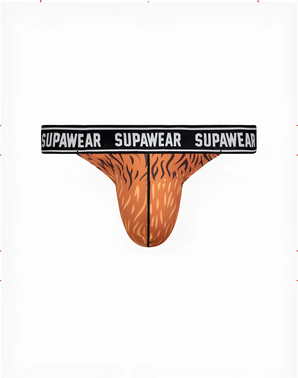 Orange tiger-print supawear pow thong briefs with black waistband and white supawear branding for bold underwear style