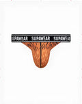 Orange tiger-print supawear pow thong briefs with black waistband and white supawear branding for bold underwear style