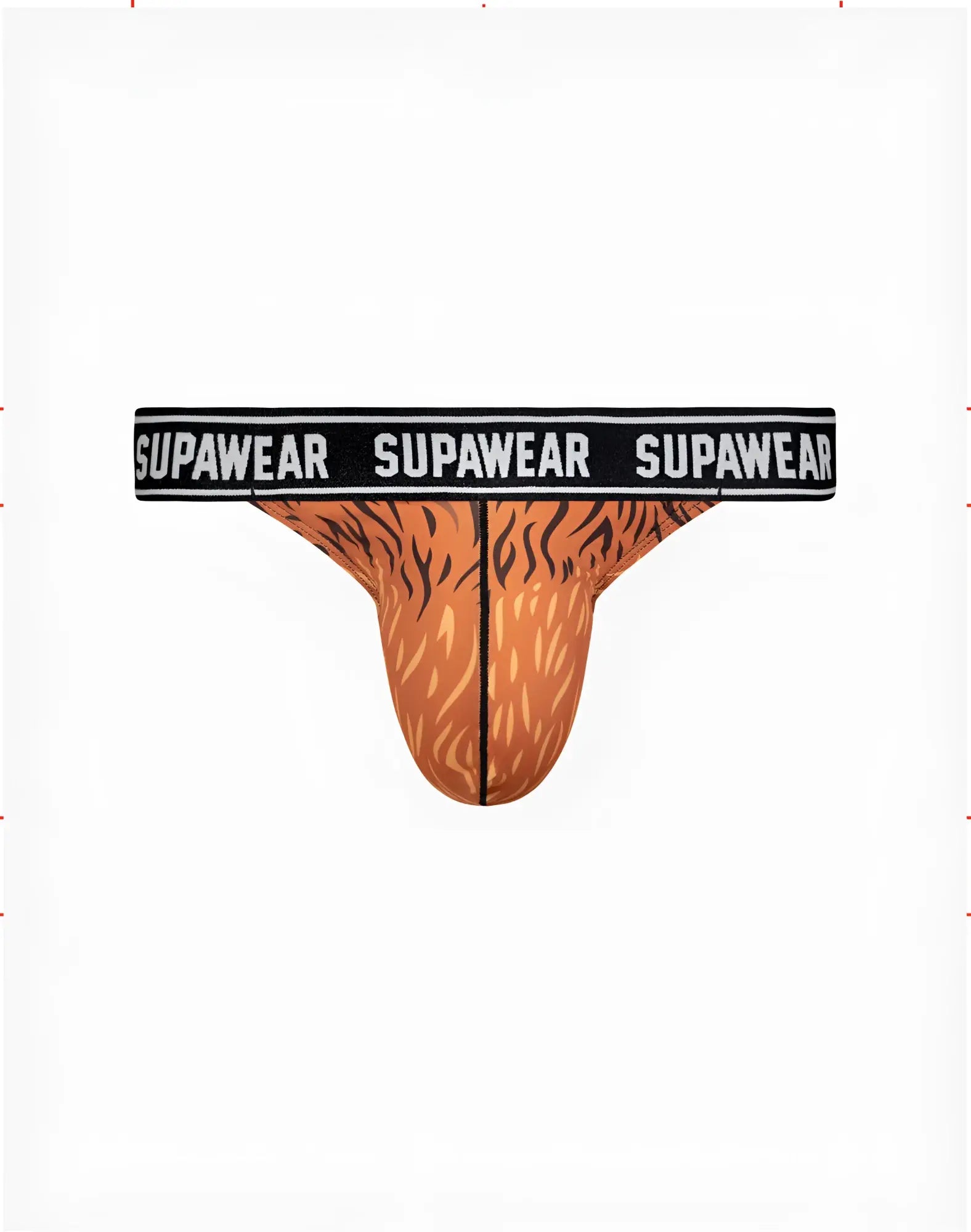 Orange tiger-print supawear pow thong briefs with black waistband and white supawear branding for bold underwear style