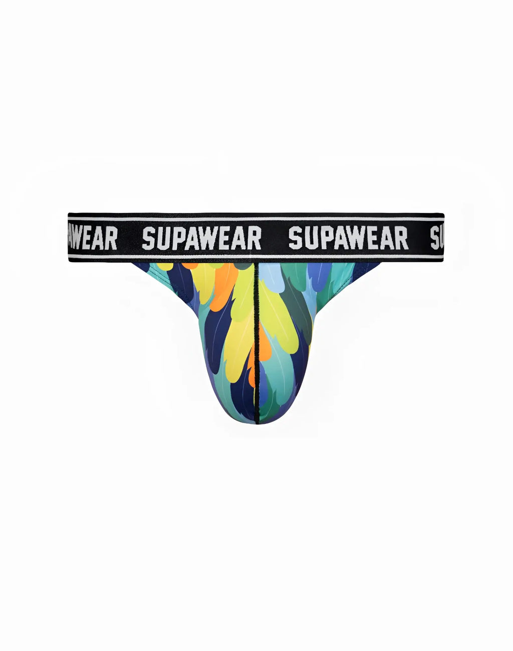 Vibrant tropical feather print supawear pow thong briefs with black elastic waistband and white branding front view