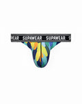 Vibrant tropical feather print supawear pow thong briefs with black elastic waistband and white branding front view