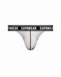 White supawear pow thong underwear with black waistband branded supawear and subtle black feather patterns on front