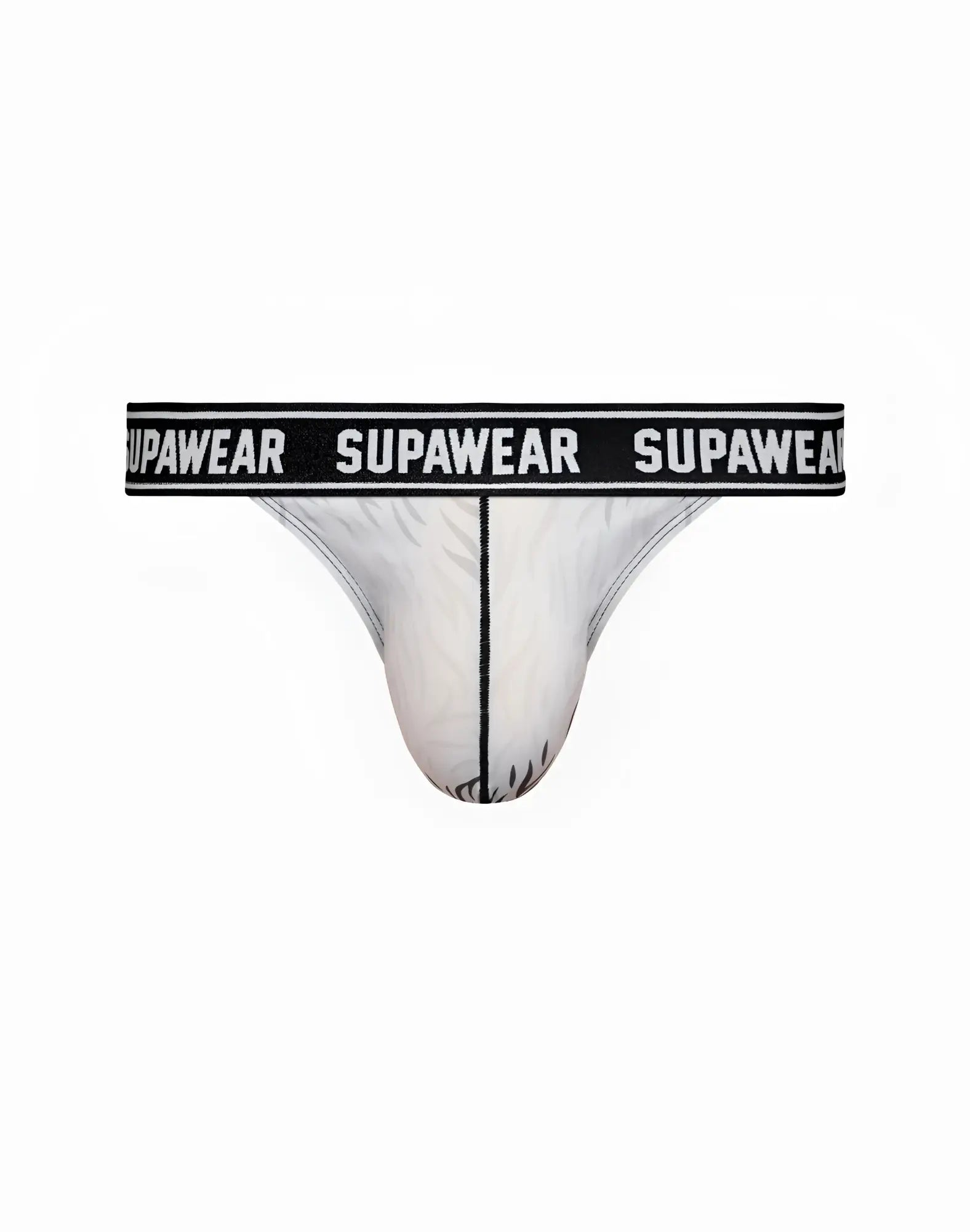 White supawear pow thong underwear with black waistband branded supawear and subtle black feather patterns on front