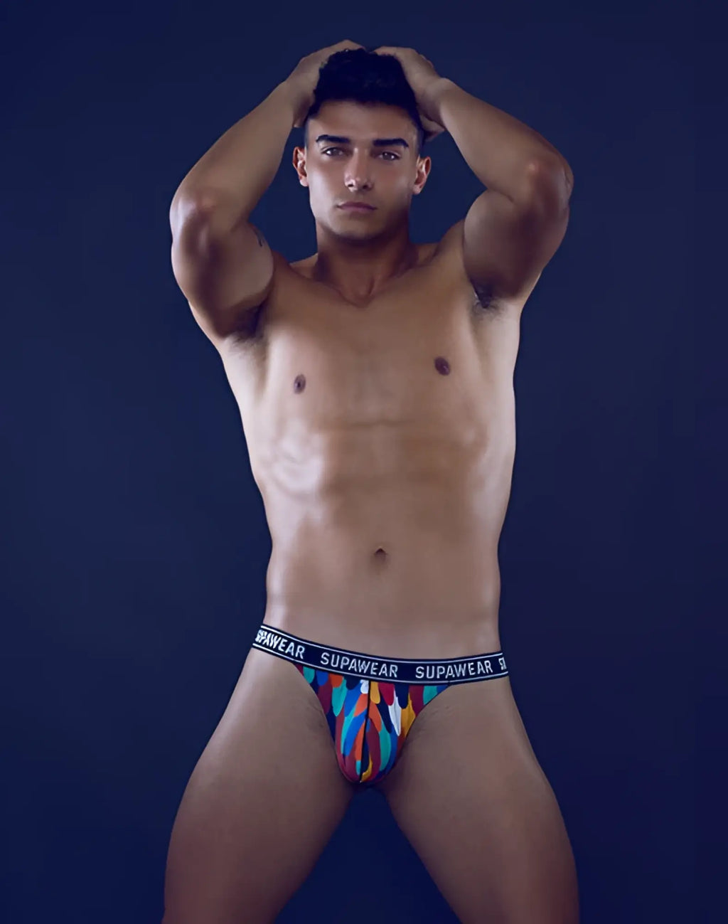 Supawear pow thong underwear rooster with multicolored abstract pattern and supawear logo on elastic waistband