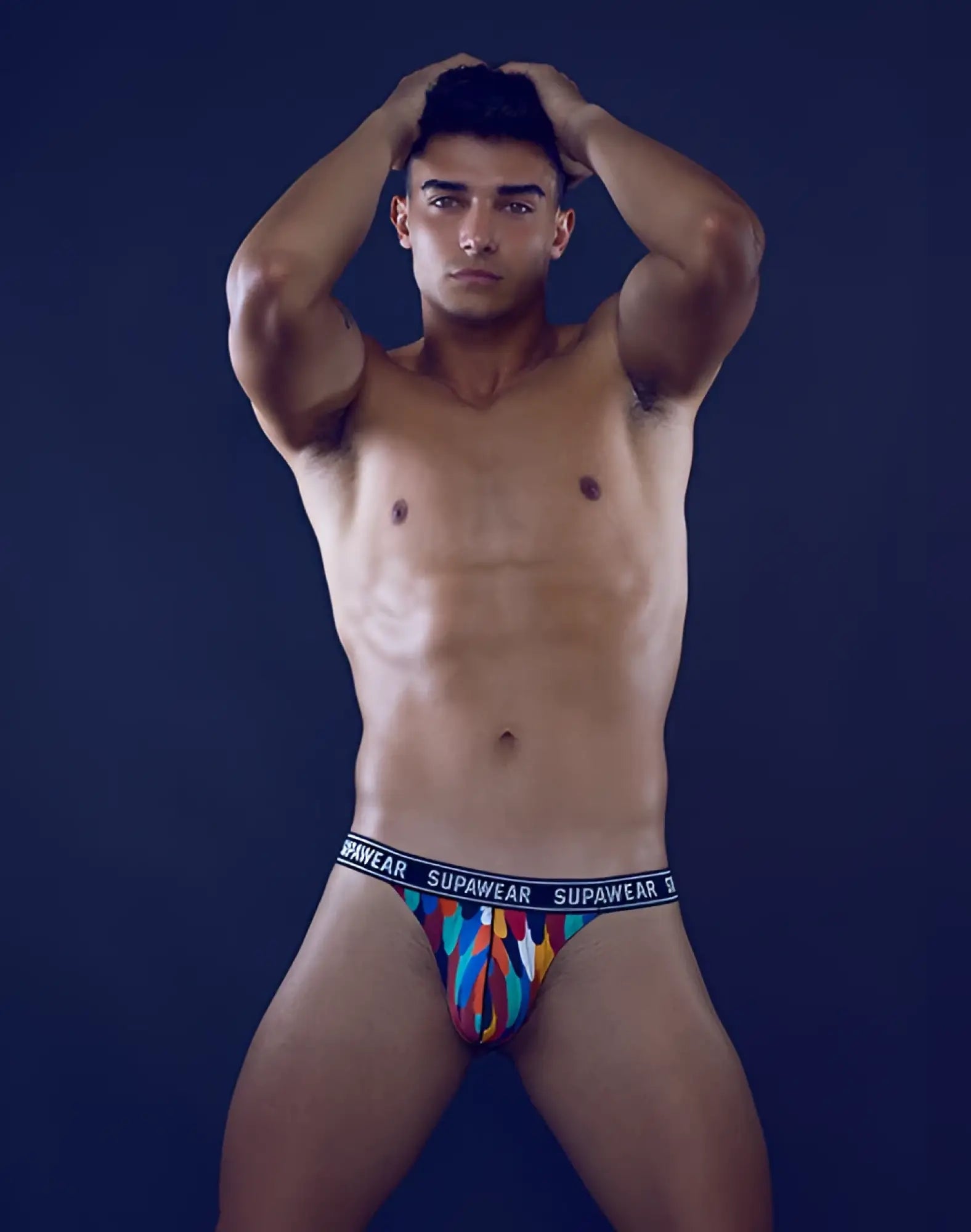 Supawear pow thong underwear rooster with multicolored abstract pattern and supawear logo on elastic waistband