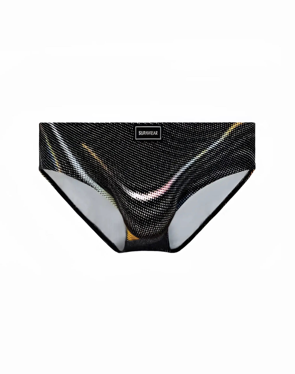 SupaWear printed pride brief underwear in black featuring black mesh swim trunks with iridescent wave pattern and gray lining