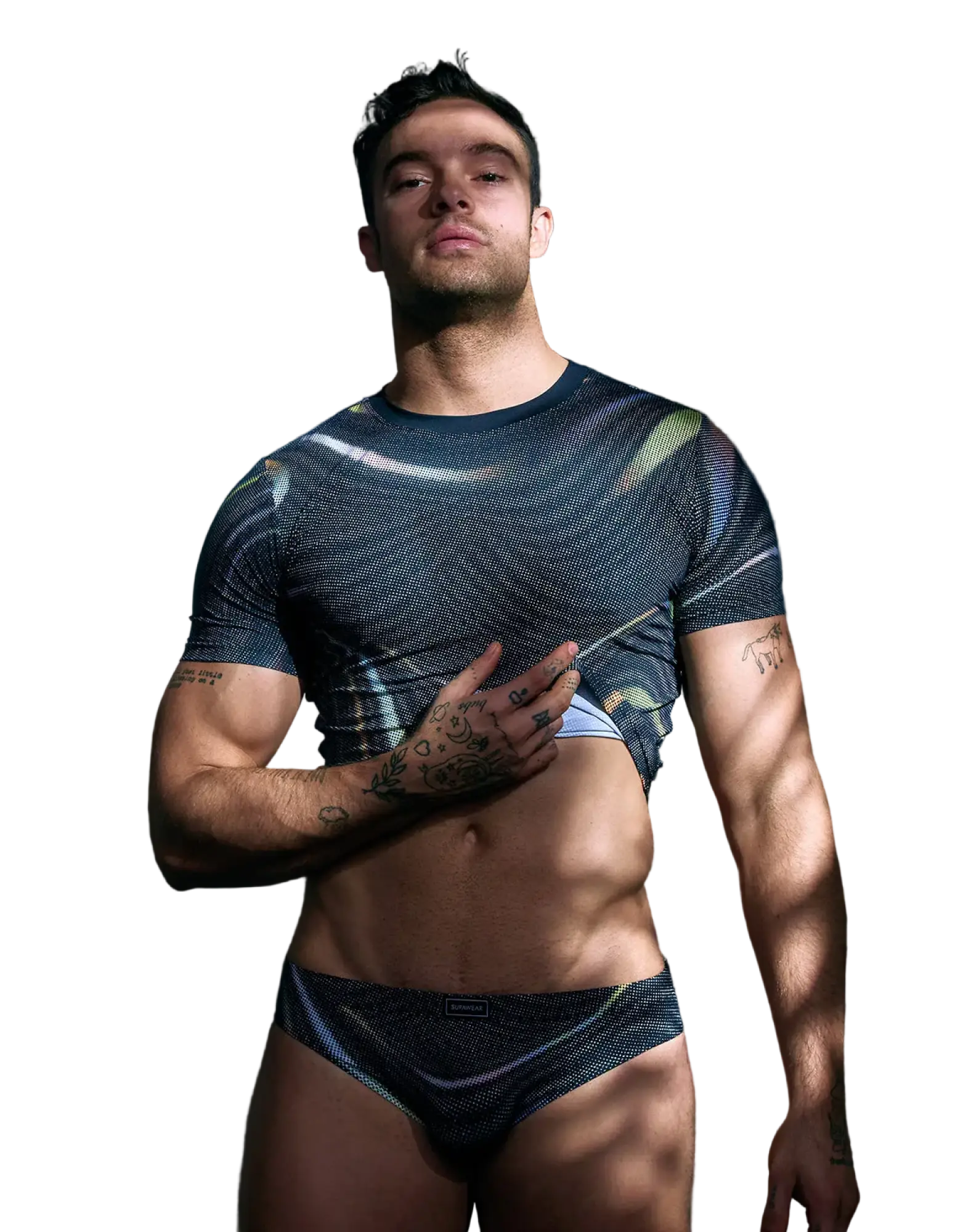 Dark blue textured short-sleeved crop t-shirt with subtle abstract pattern from supawear printed pride collection