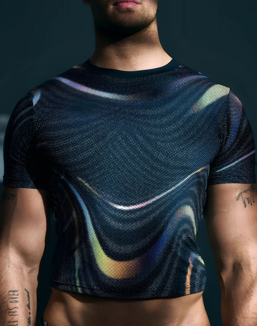 SupaweaR printed pride crop t-shirt black black mesh short-sleeved with iridescent swirling rainbow patterns