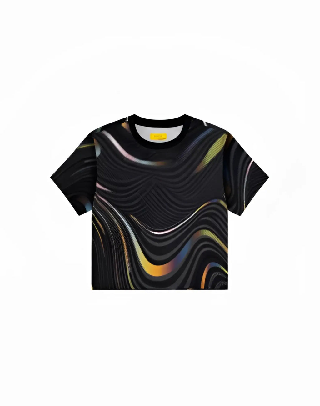 Black supawear printed pride crop t-shirt with shimmering iridescent rainbow wave pattern and short sleeves