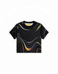Black supawear printed pride crop t-shirt with shimmering iridescent rainbow wave pattern and short sleeves