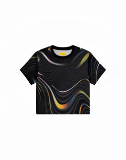 Black supawear printed pride crop t-shirt with shimmering iridescent rainbow wave pattern and short sleeves