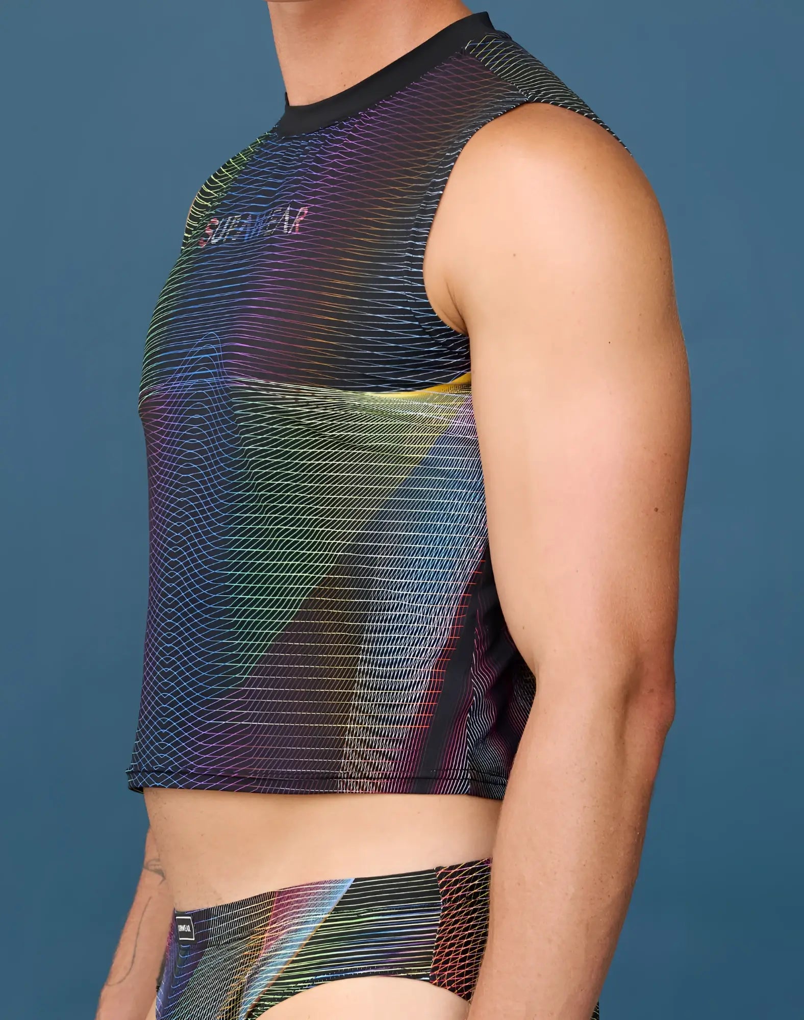 SupaWear printed pride crop tank rainbow sleeveless mesh top with iridescent rainbow pattern and black trim
