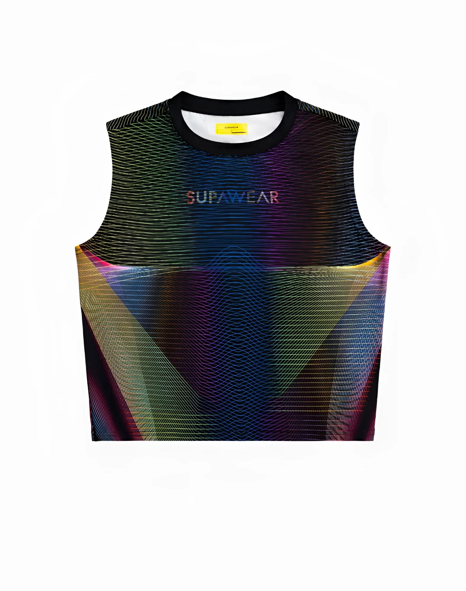 A vibrant sleeveless supawear crop top with rainbow gradient and geometric lines featuring a black ribbed neckline