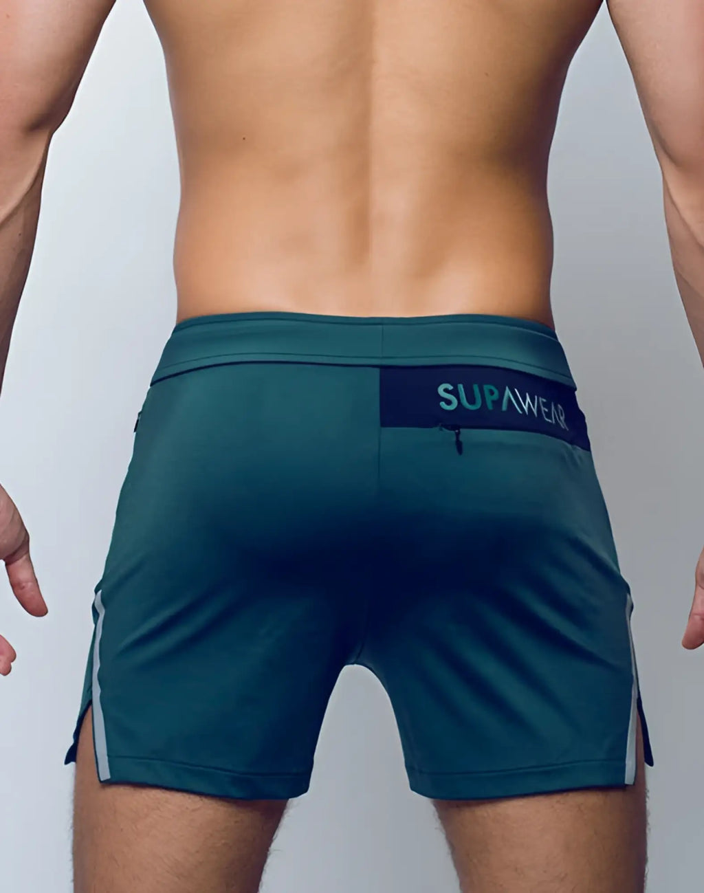 SupaWear pro-training shorts in boost green with teal fabric navy waistband with supawear logo and white side stripes