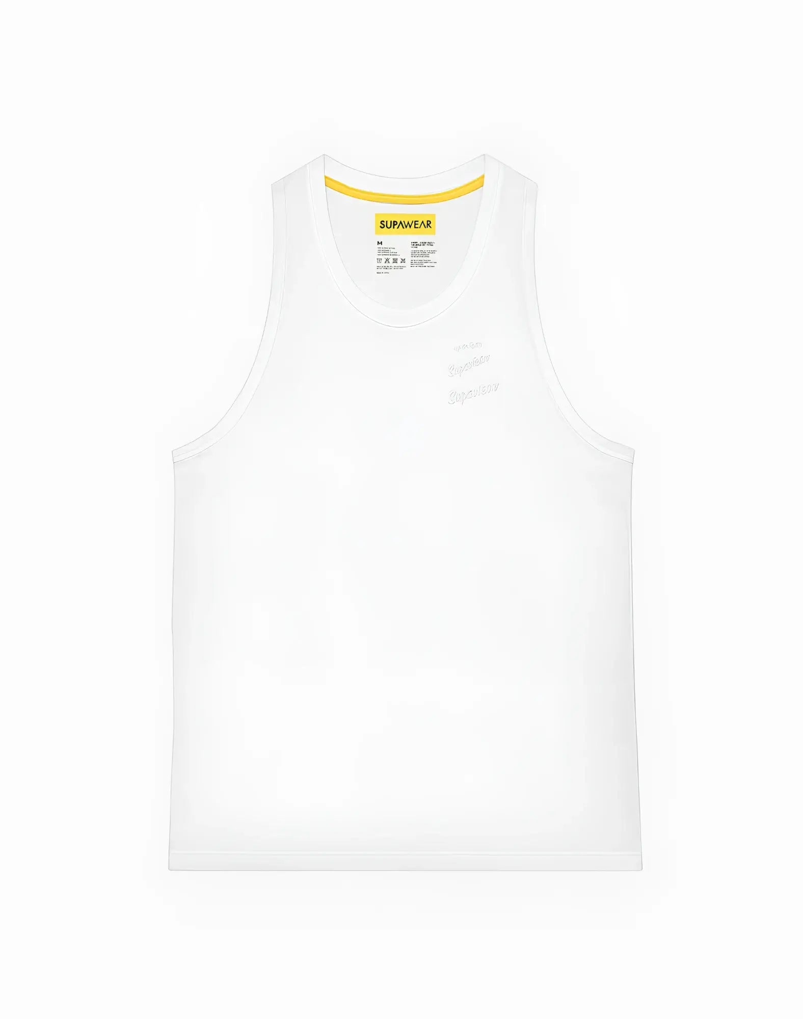 SupaWear racer back singlet in grey white with yellow inner collar and subtle logo on the chest