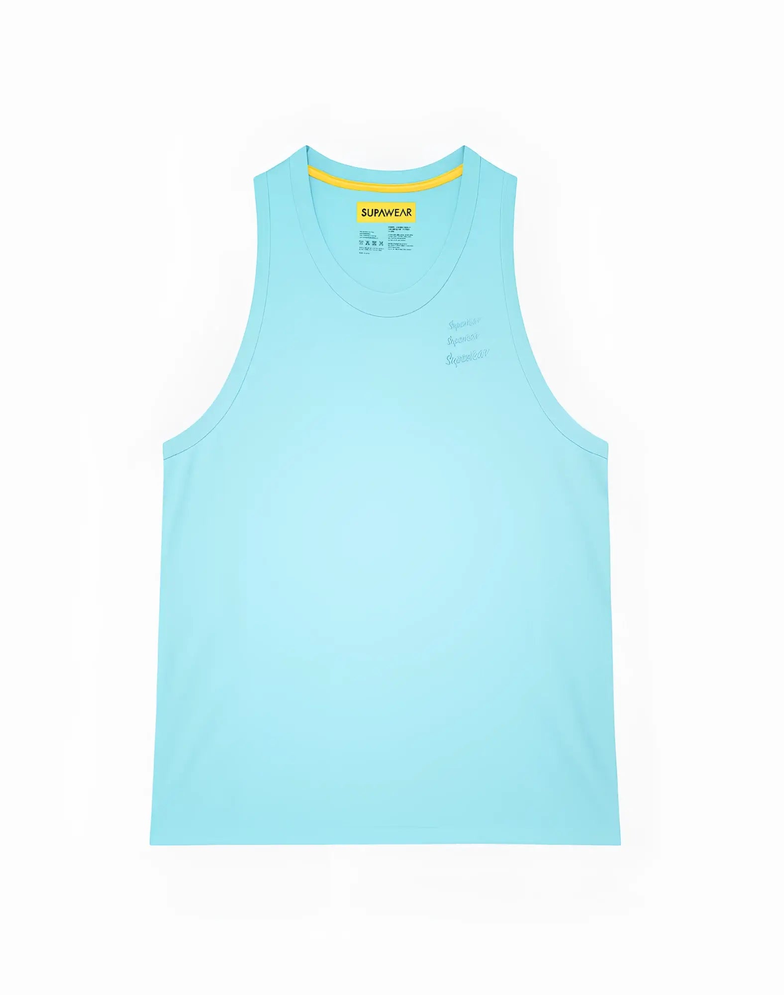 Supawea racer back singlet in turquoise blue with a light blue body yellow inner collar and subtle chest logo