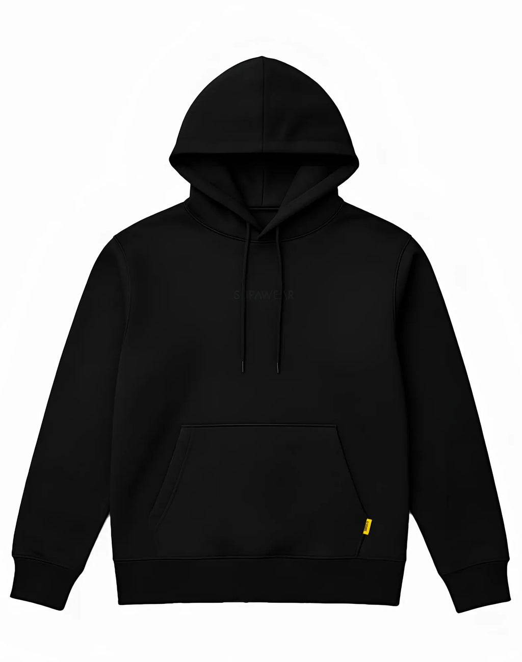 Black supawear recovery hoodie with subtle embroidered logo and small yellow tag on lower right sleeve