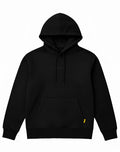 Black supawear recovery hoodie with subtle embroidered logo and small yellow tag on lower right sleeve