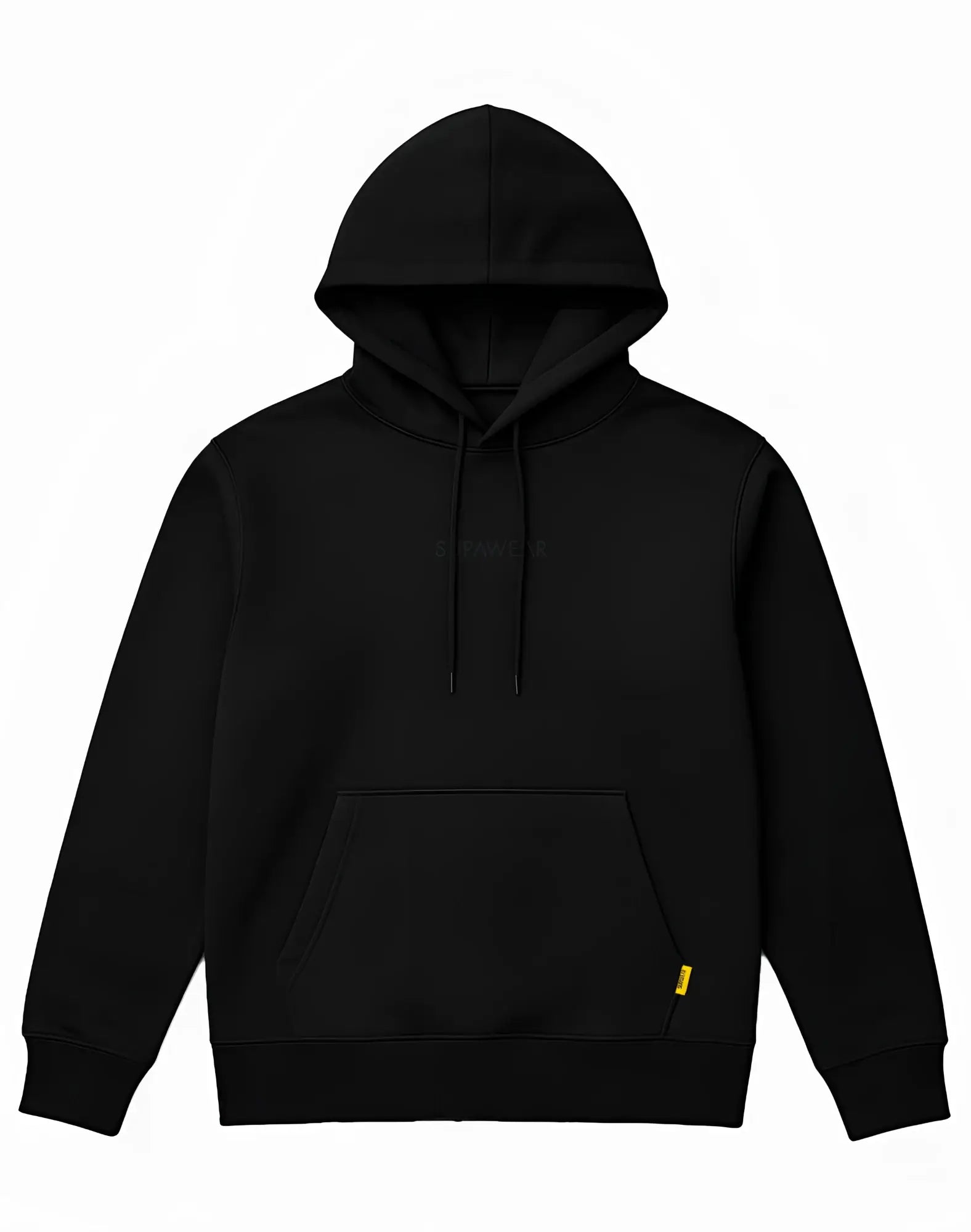 Black supawear recovery hoodie with subtle embroidered logo and small yellow tag on lower right sleeve