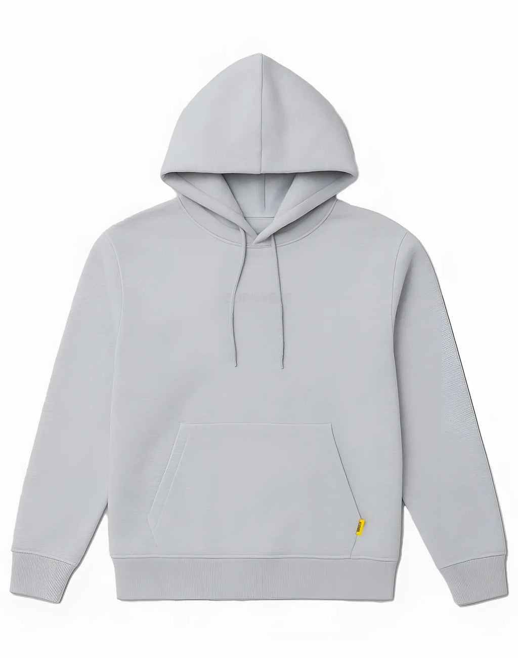 SupaWear recovery hoodie in grey marle with subtle chest embroidery and small yellow tag near bottom right hem