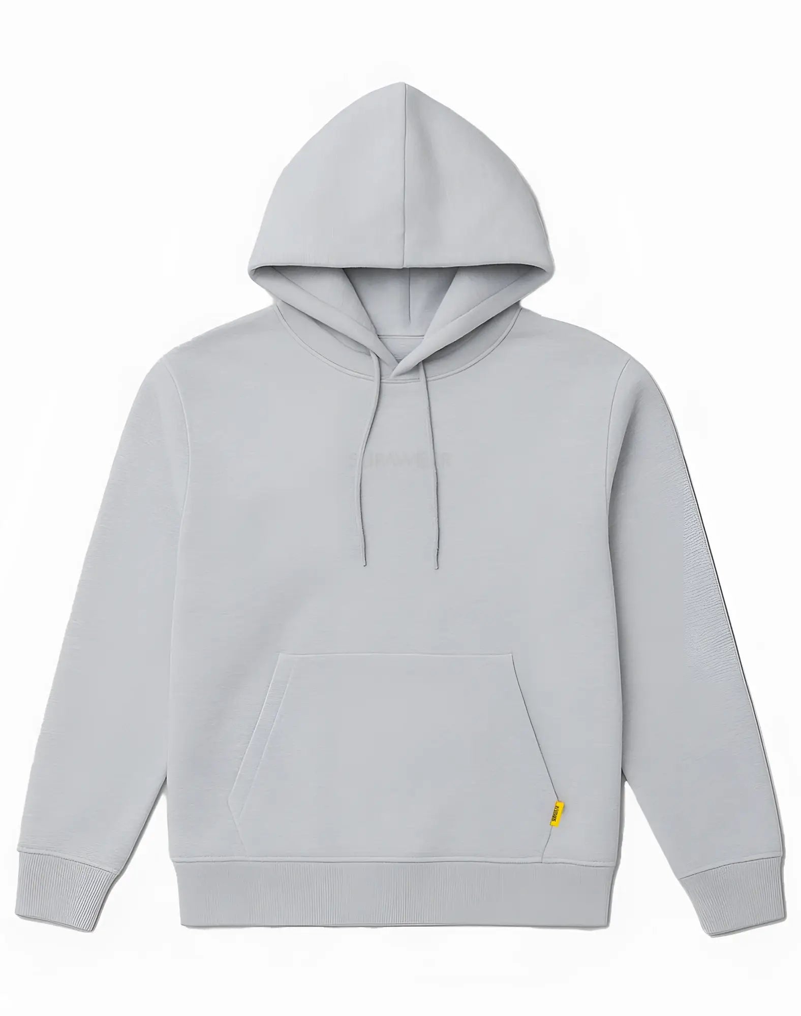 SupaWear recovery hoodie in grey marle with subtle chest embroidery and small yellow tag near bottom right hem