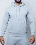SupaWear recovery hoodie in grey marle with front pocket and subtle yellow branding on the sleeve