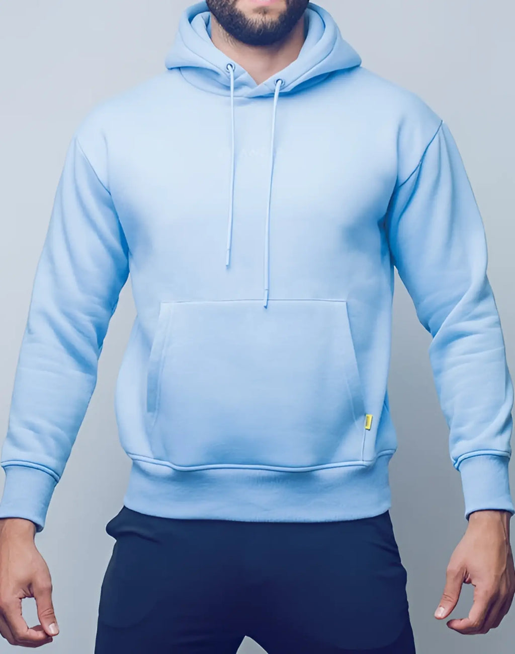 Light blue SUPAWEAR Recovery Hoodie with hood, matching drawstrings, front pocket, and subtle chest branding