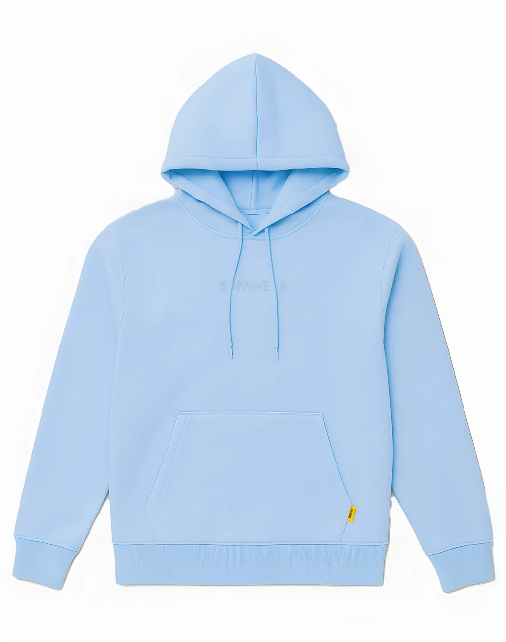 Light blue SUPAWEAR recovery hoodie with subtle gray embroidered logo and small yellow tag on lower right sleeve
