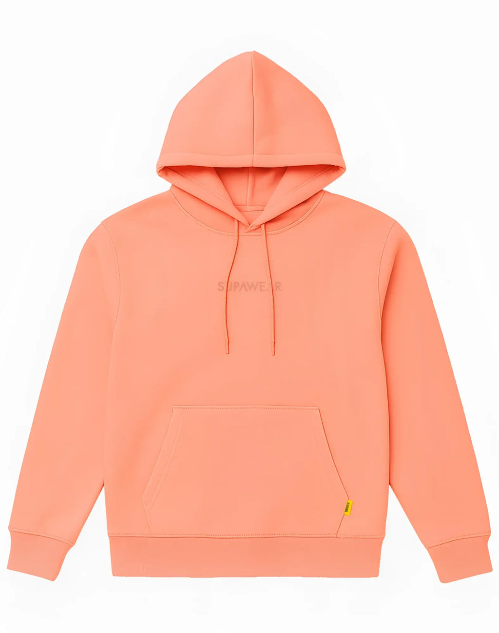 SupaWear recovery hoodie in soft peach clay with subtle embroidered logo and yellow tag on lower right sleeve