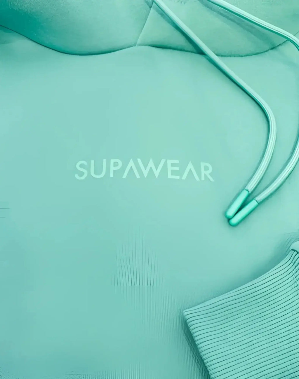Mint green supawear recovery hoodie with embroidered branding and matching drawstrings in reboot green color