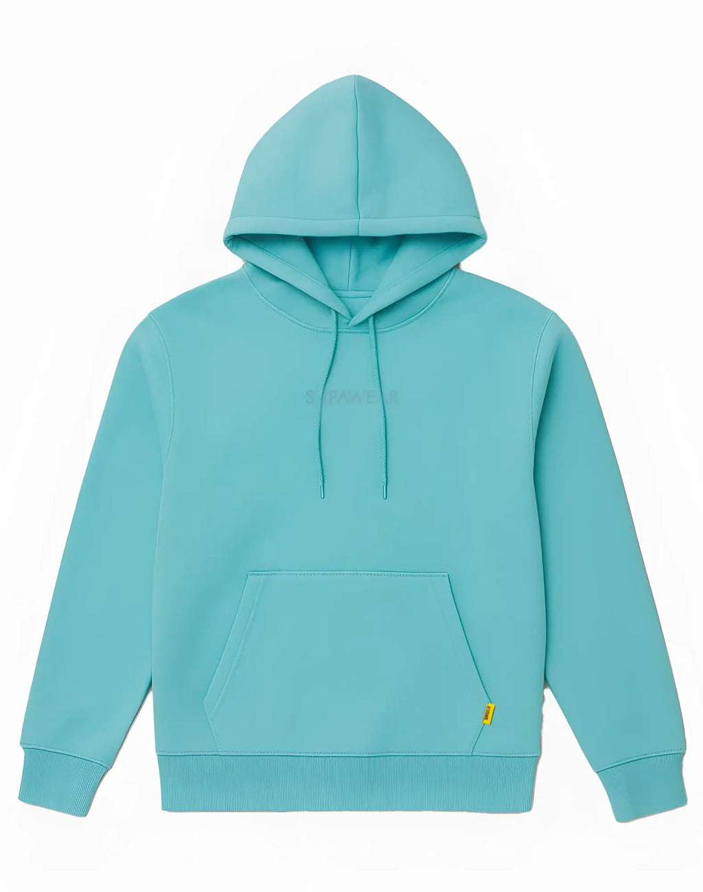SupaWear recovery hoodie in soft mint green with subtle embroidered logo and yellow tag on bottom right hem