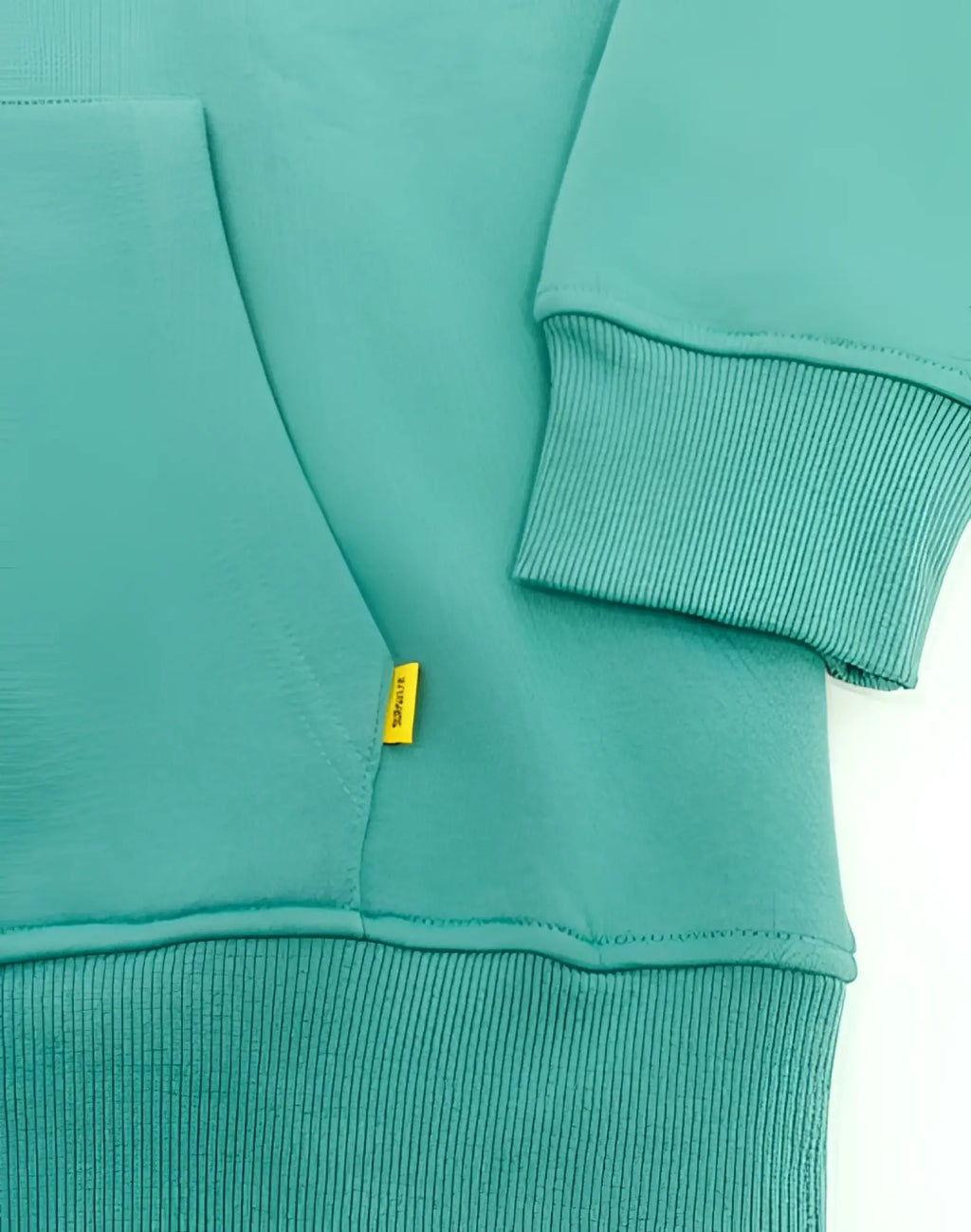 SupaWear recovery hoodie in reboot green is a soft teal fleece with ribbed cuffs hem and a yellow brand tag on the pocket