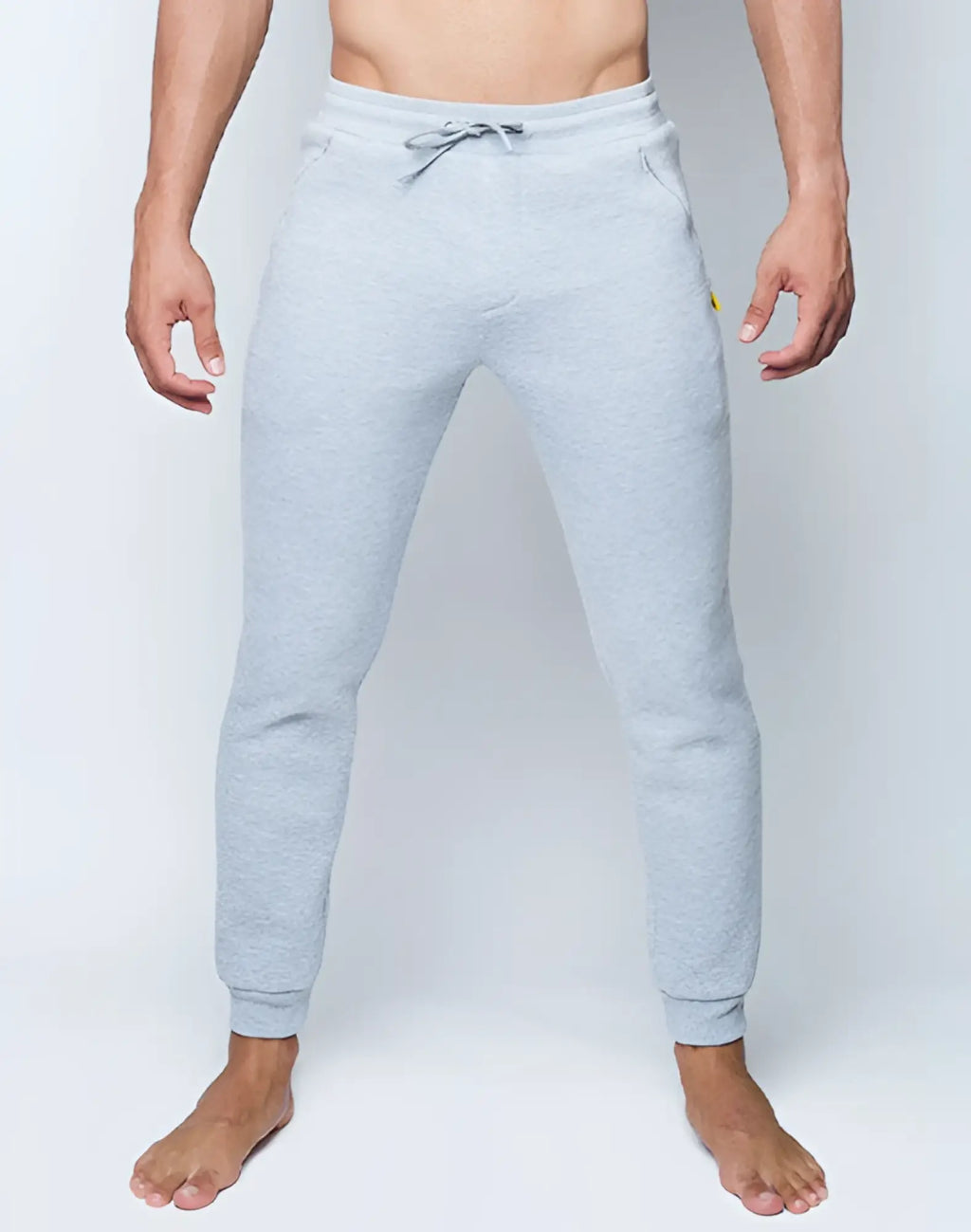 SupaWear recovery pants in grey marle with light gray heathered fabric drawstring waistband and yellow side branding