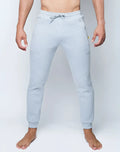 SupaWear recovery pants in grey marle with light gray heathered fabric drawstring waistband and yellow side branding