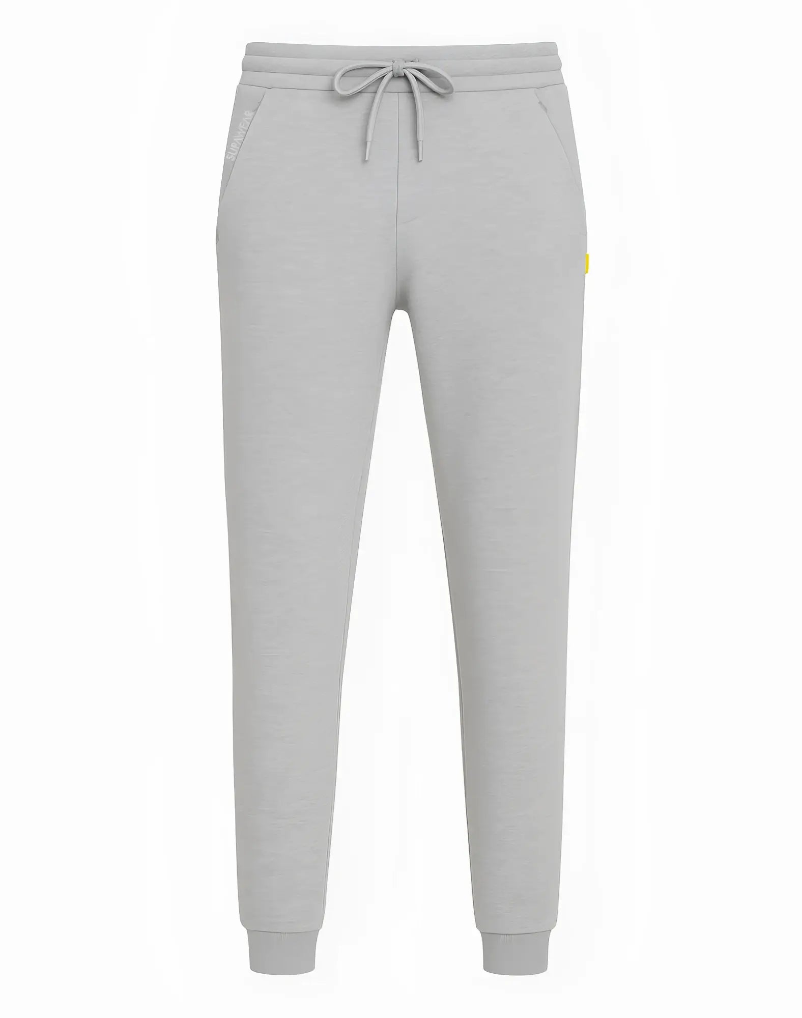 Light gray supawear recovery jogger pants with drawstring waistband and subtle yellow side seam branding