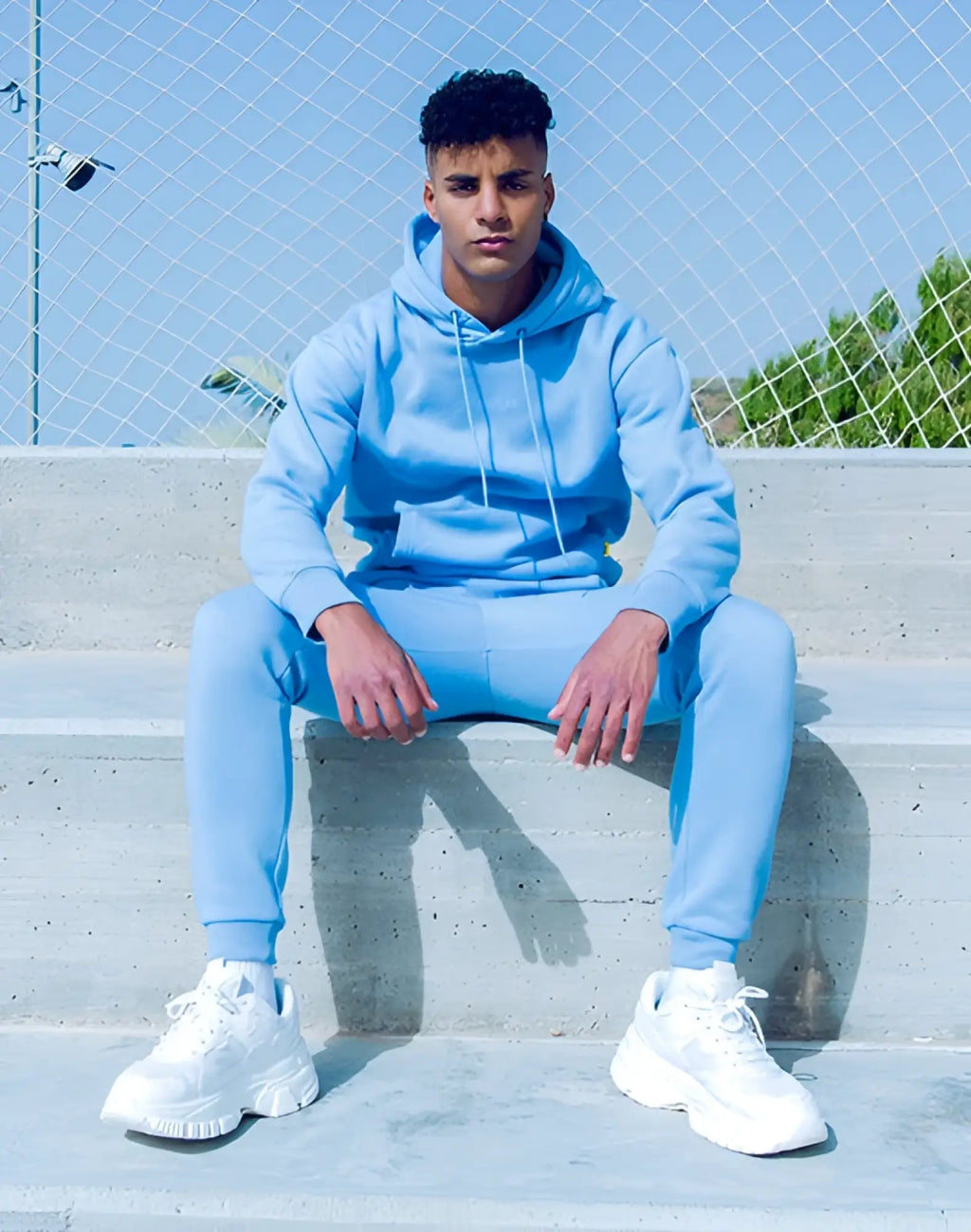 Light blue hooded sweatshirt and matching joggers set in supawear recovery pants reboot blue for comfortable wear