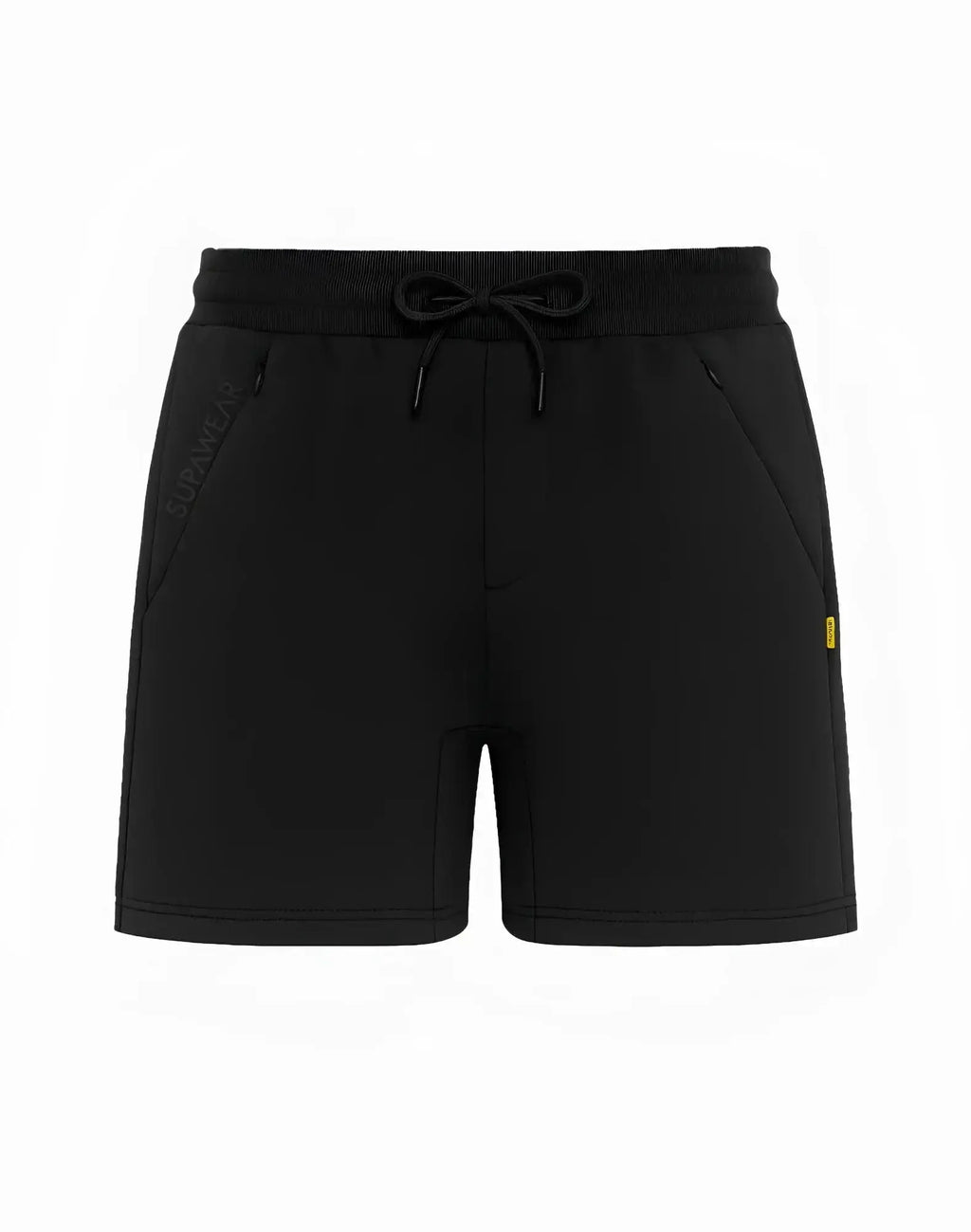 SupaWear recovery shorts black with drawstring waistband subtle side pockets and Subaru logo embroidered on one leg