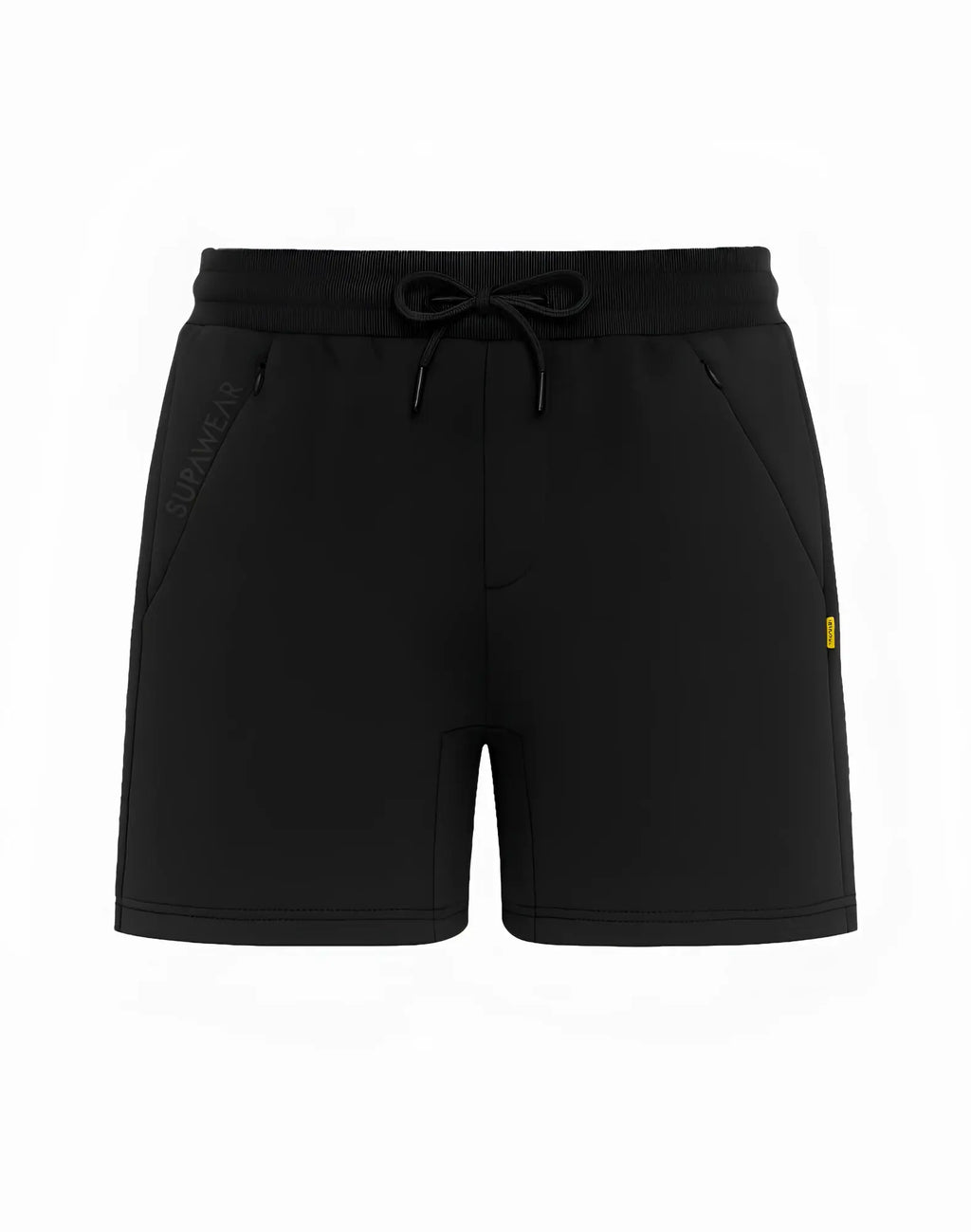 SupaWear recovery shorts black with drawstring waistband subtle side pockets and Subaru logo embroidered on one leg
