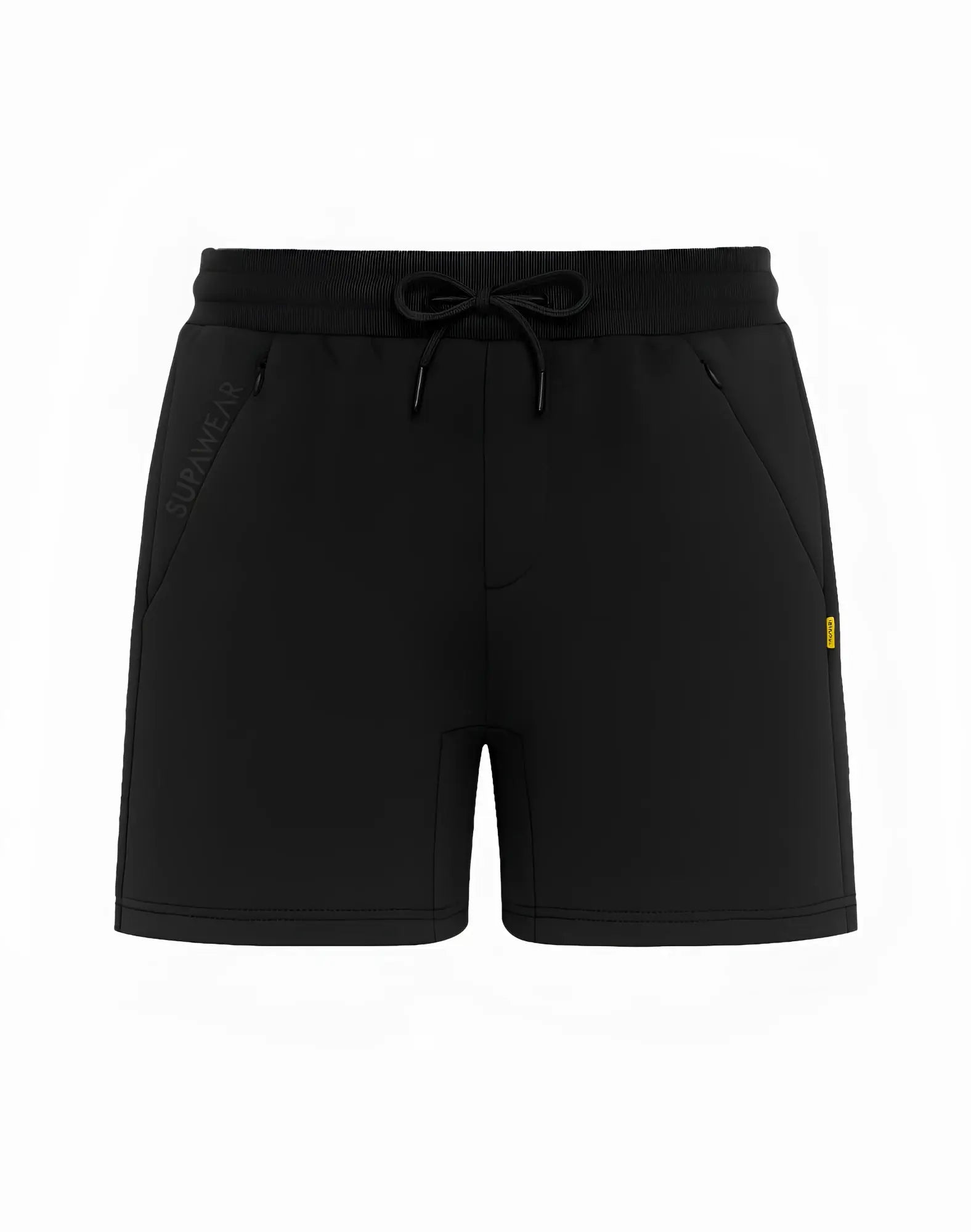 SupaWear recovery shorts black with drawstring waistband subtle side pockets and Subaru logo embroidered on one leg