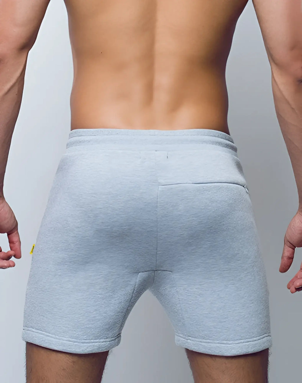 SupaWear recovery shorts in grey marle with ribbed waistband side pockets made from light gray heathered fabric