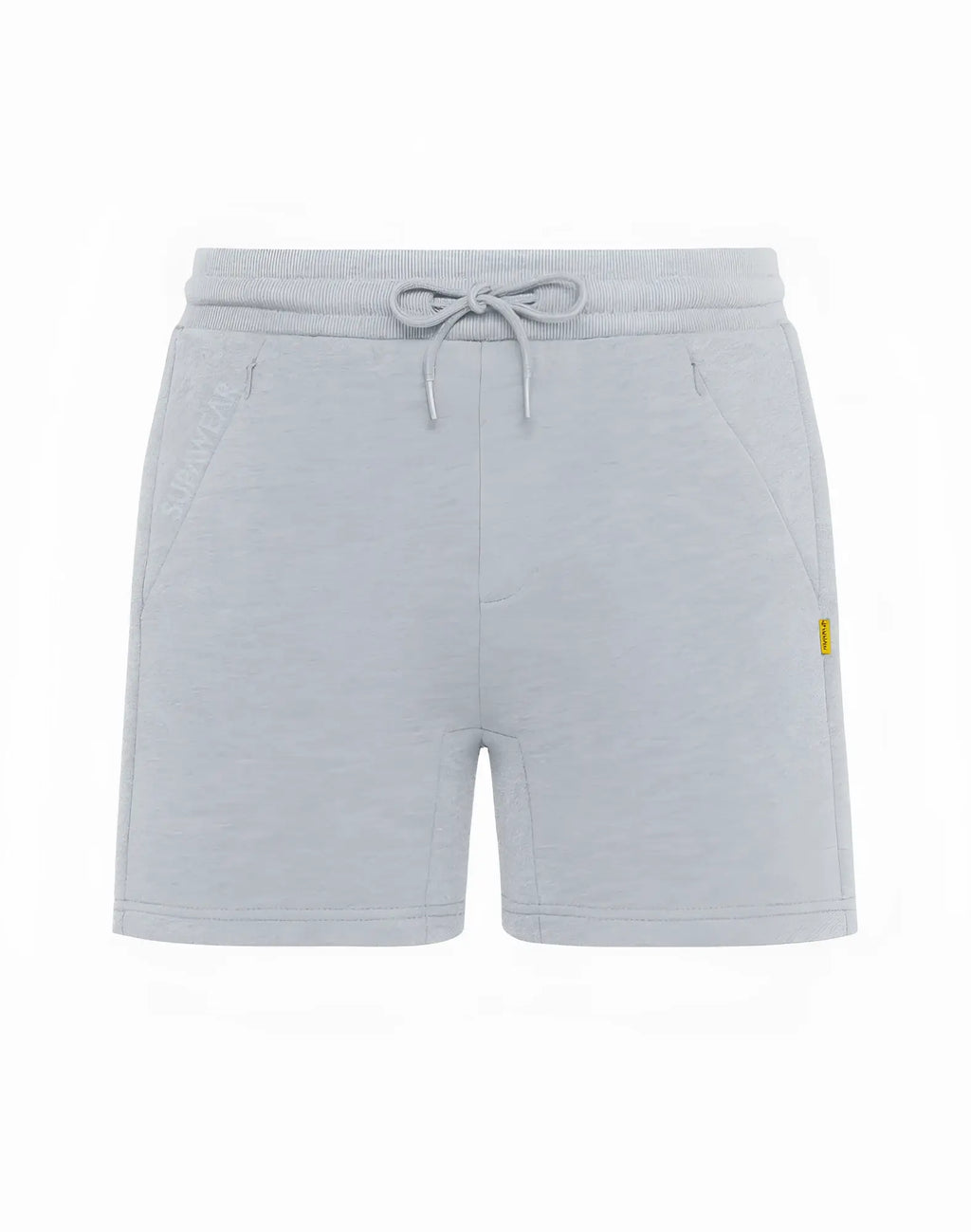 SupaWear recovery shorts in grey marle with a light gray heathered fabric, drawstring waistband, and side pockets